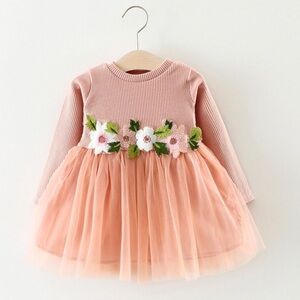 Pink dress 6-9 months floral pink green long sleeve baby girl chiffon tutu